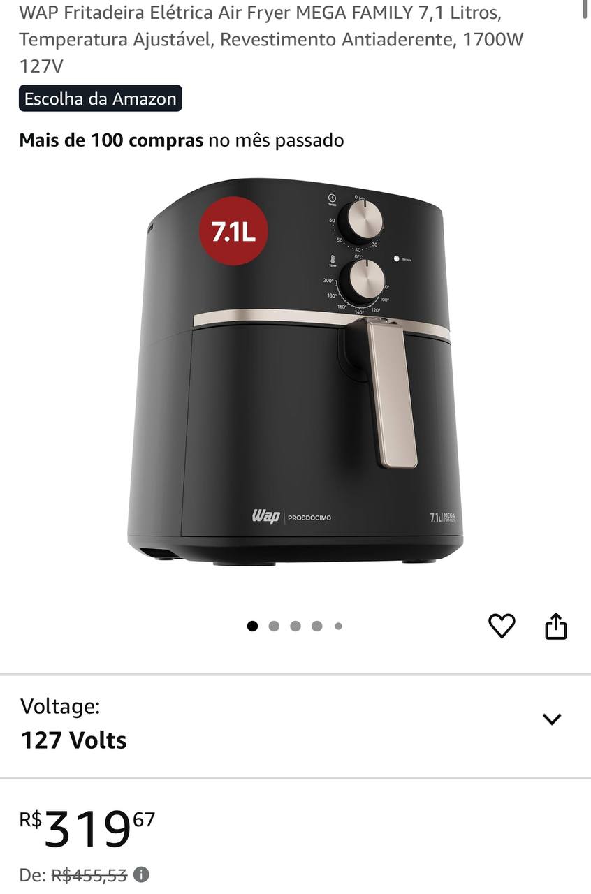 WAP Fritadeira Elétrica Air Fryer MEGA FAMILY 7,1 Litros, Temperatura Ajustável, Revestime...