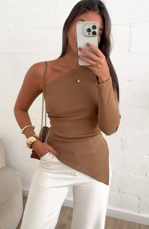 Blusa Assimétrica Manga Longa Mula Manca Básica Elegante Ribana Algodão Um Ombro Só Tendên...