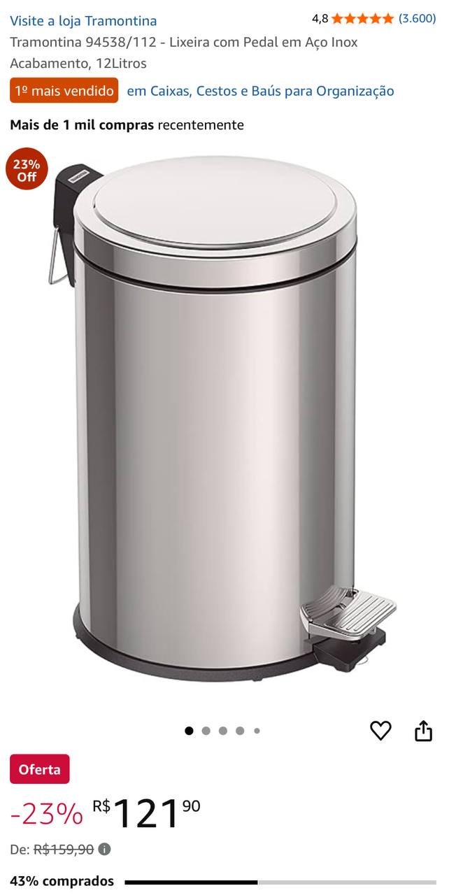 Tramontina 94538/112 - Lixeira com Pedal em Aço Inox Acabamento, 12Litros