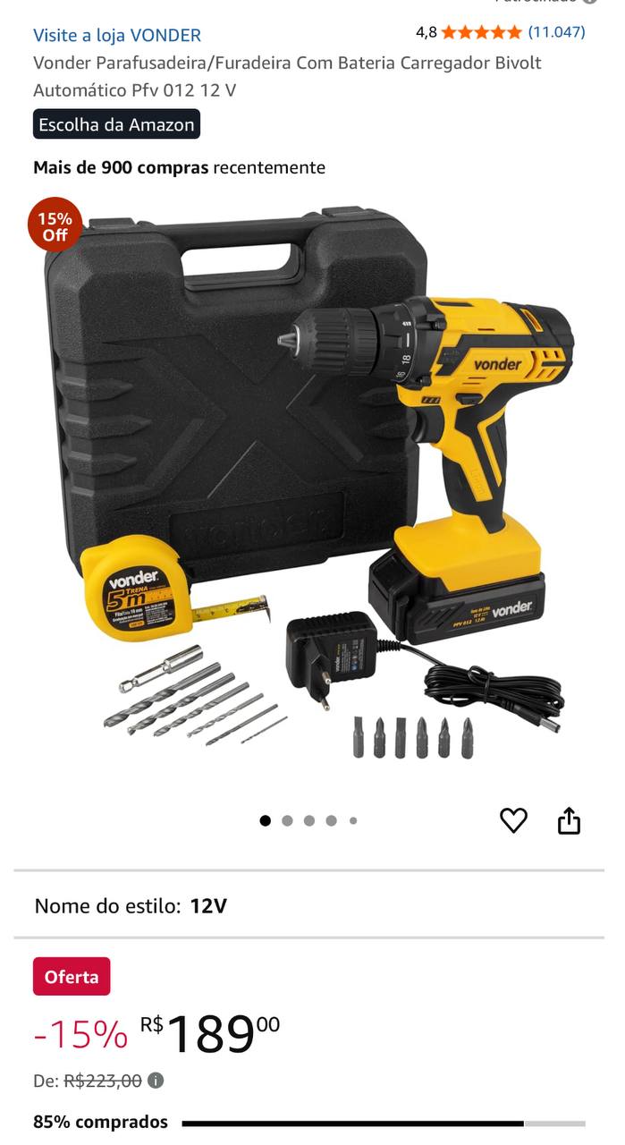 Vonder Parafusadeira/Furadeira Com Bateria Carregador Bivolt Automático Pfv 012 12 V