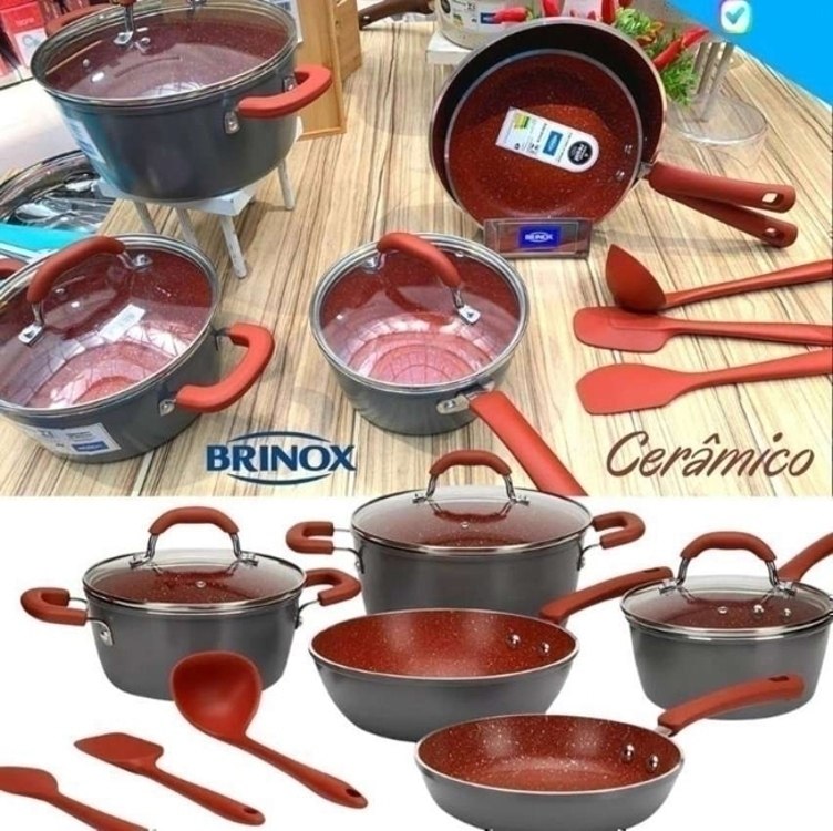Jogo de Panelas Brinox Revestimento Cerâmico de Alumínio Vermelho e Cinza 8 Peças Ceramic ...
