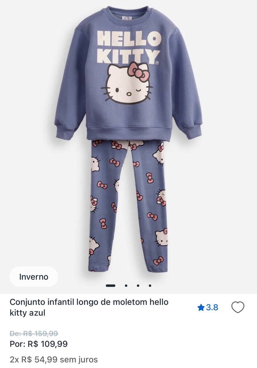 conjunto infantil longo de moletom hello kitty azul
