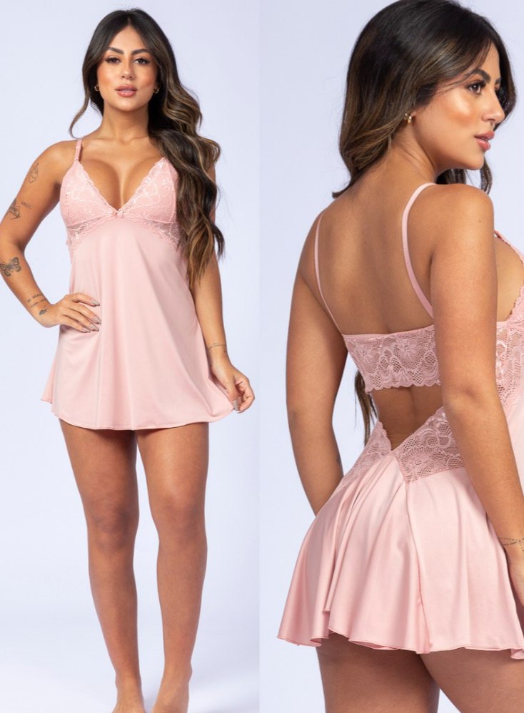 Camisola Lisa de poliamida Luxo com Renda Lingerie Sensual linha Noite Pijama