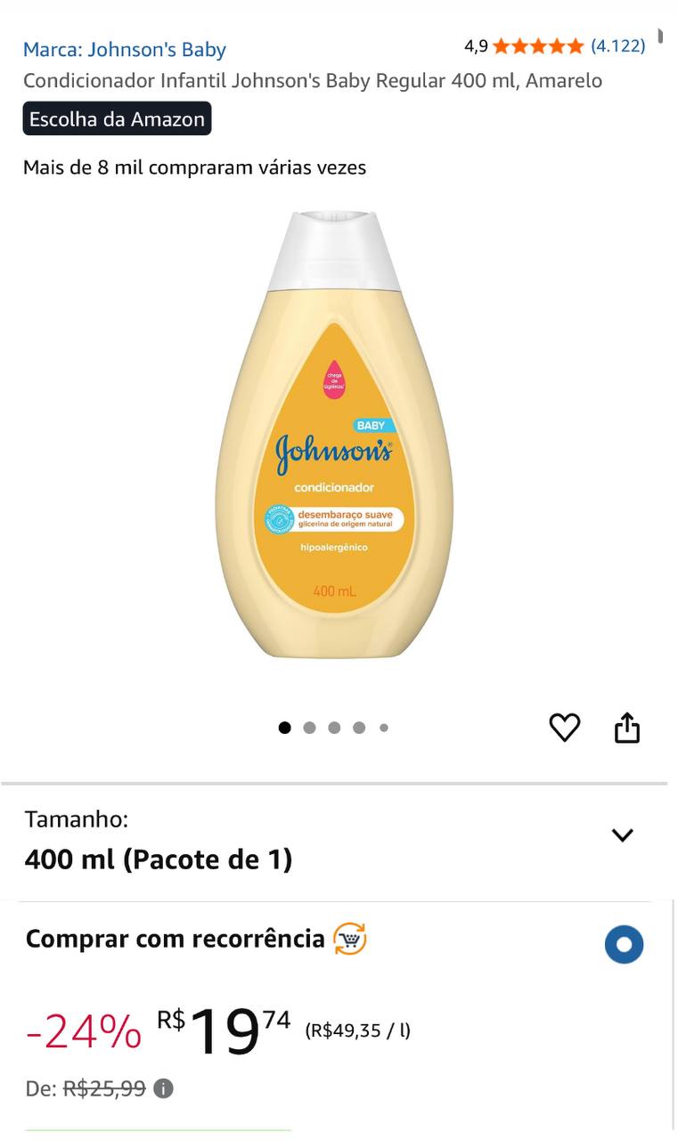 Condicionador Infantil Johnson's Baby Regular 400 ml, Amarelo