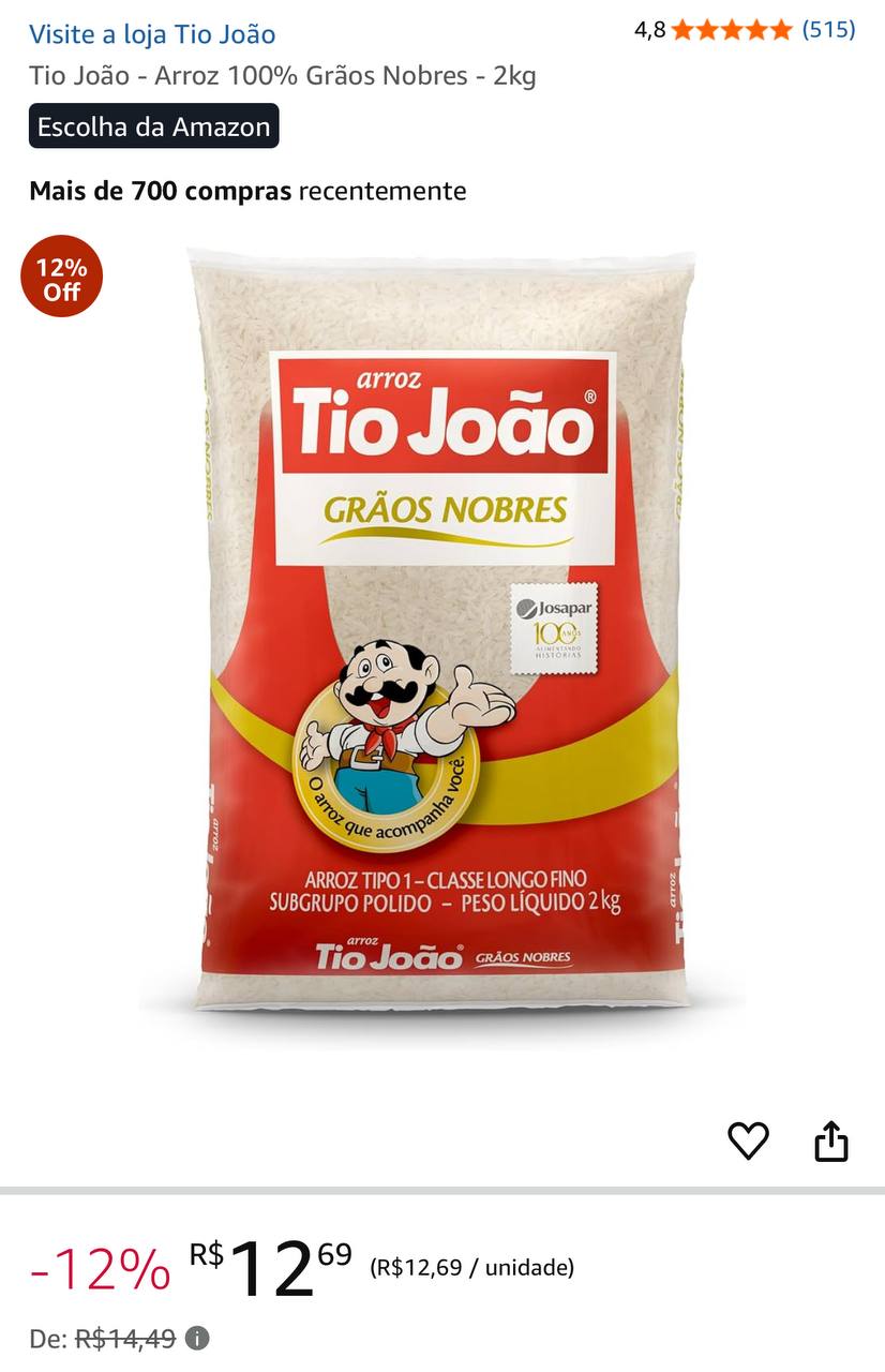 Tio João - Arroz 100% Grãos Nobres - 2kg