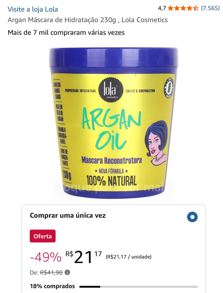 Argan Máscara de Hidratação 230g , Lola Cosmetics