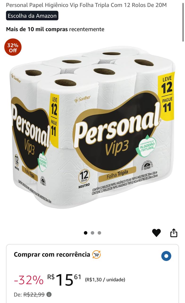 Personal Papel Higiênico Vip Folha Tripla Com 12 Rolos De 20M