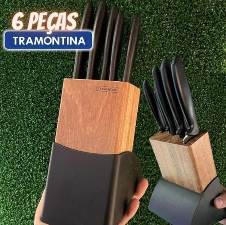 Tramontina Jogo De Facas Plenus Com 6 Peças Em Aço Inox E Suporte De Madeira