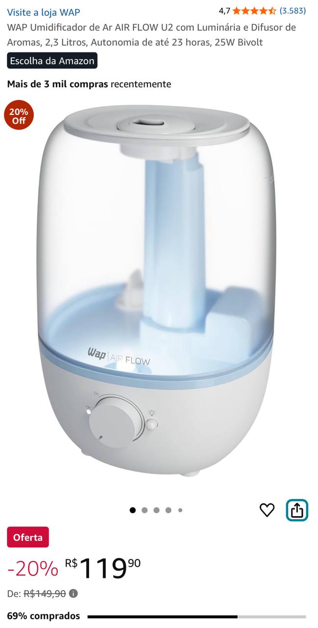 WAP Umidificador de Ar AIR FLOW U2 com Luminária e Difusor de Aromas, 2,3 Litros, Autonomi...