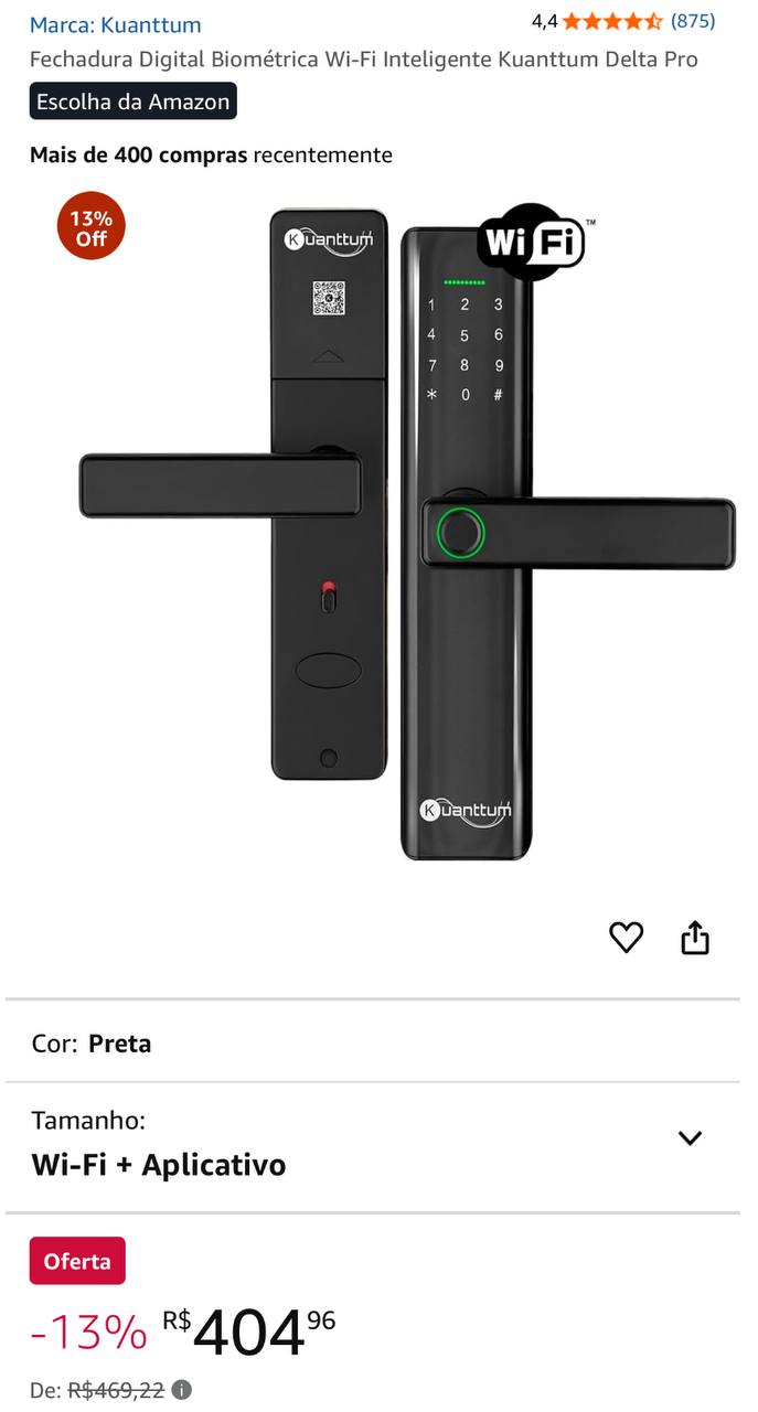 Fechadura Digital Biométrica Wi-Fi Inteligente Kuanttum Delta Pro
