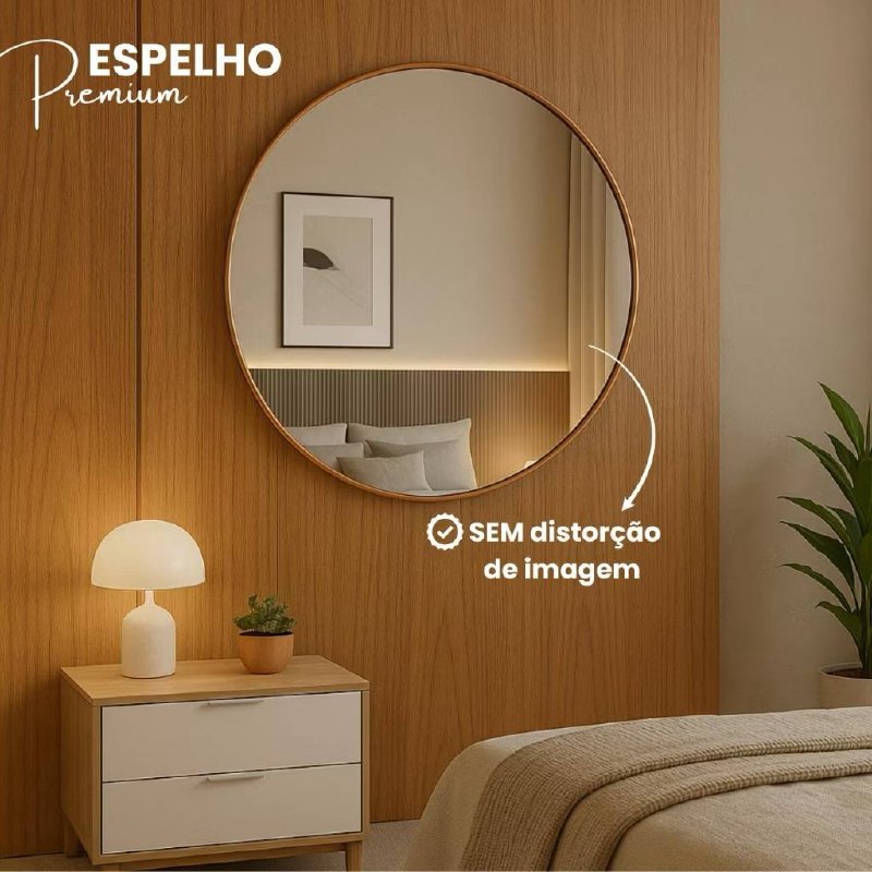 Espelho Adnet Redondo Luxo Couro Costurado 30 40 60cm + Suporte Fixação Sala Quarto Banhei...