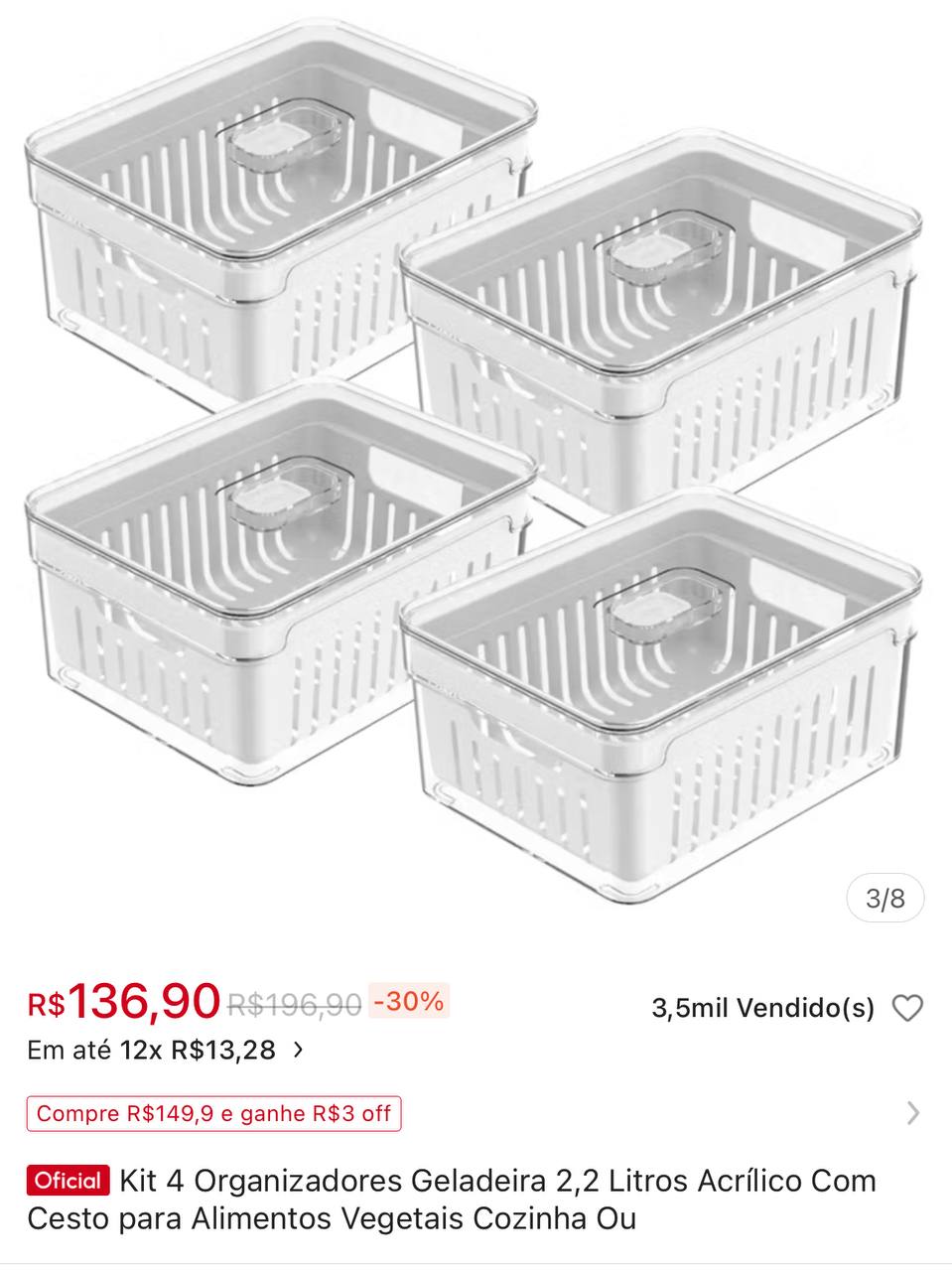 Kit 4 Organizadores Geladeira 2,2 Litros Acrílico Com Cesto para Alimentos Vegetais Cozinh...