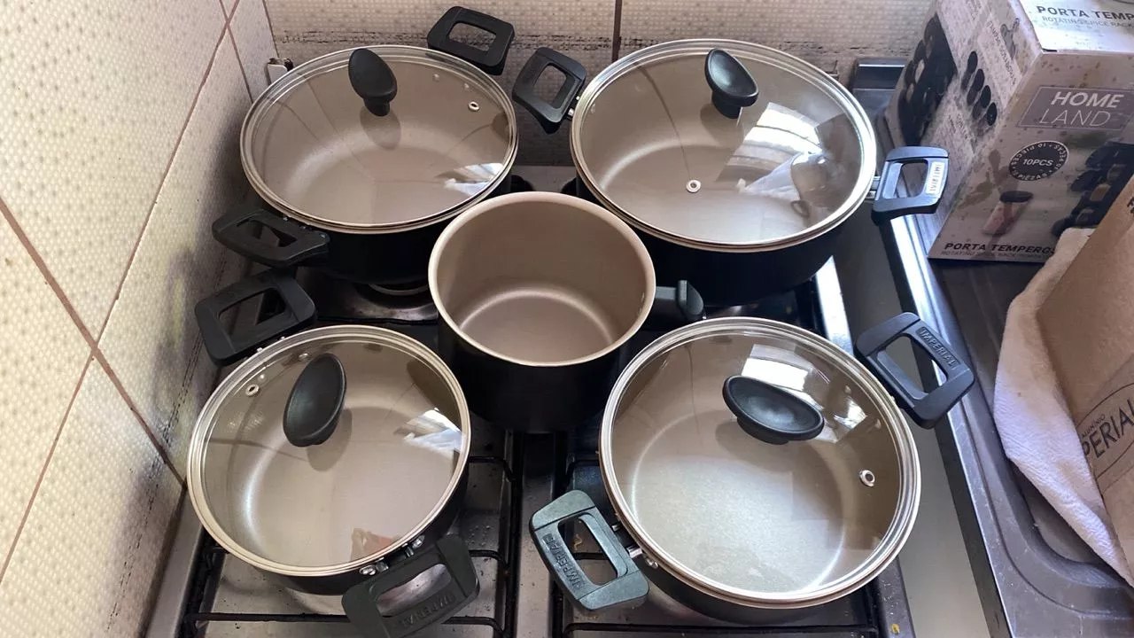 Conjunto Panela Caçarolas Antiaderente Teflon Tampa De Vidro 5 peças