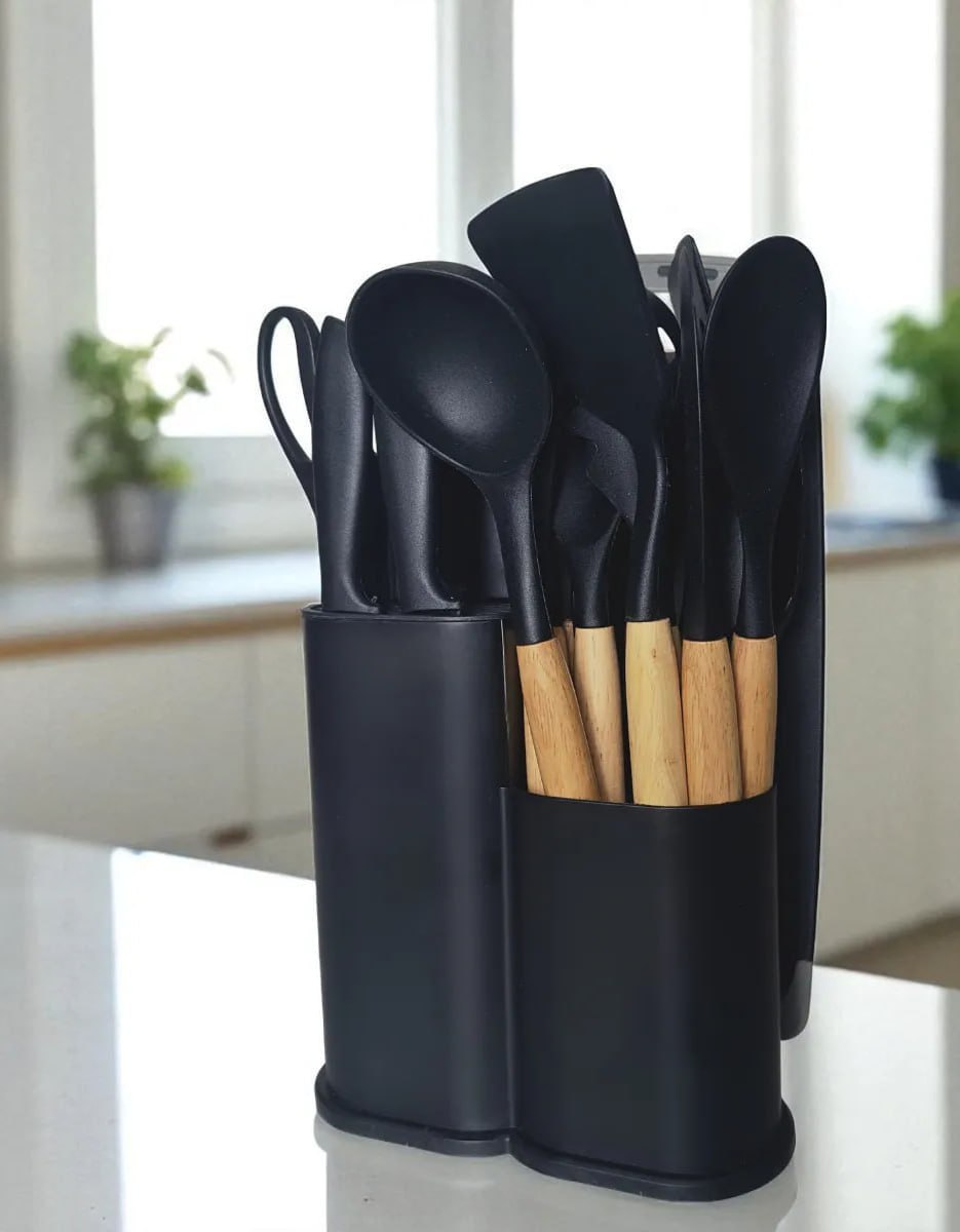Kit Utensílios Silicone C/ Cabo De Madeira E Facas Em Inox