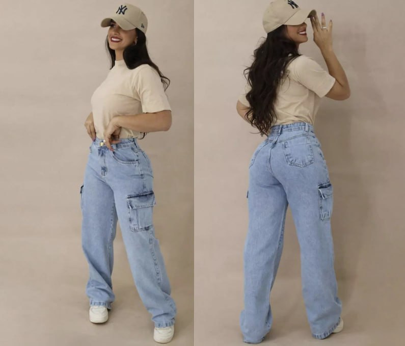 Calça Jeans Feminina Cargo Levanta Bumbum Cintura Alta