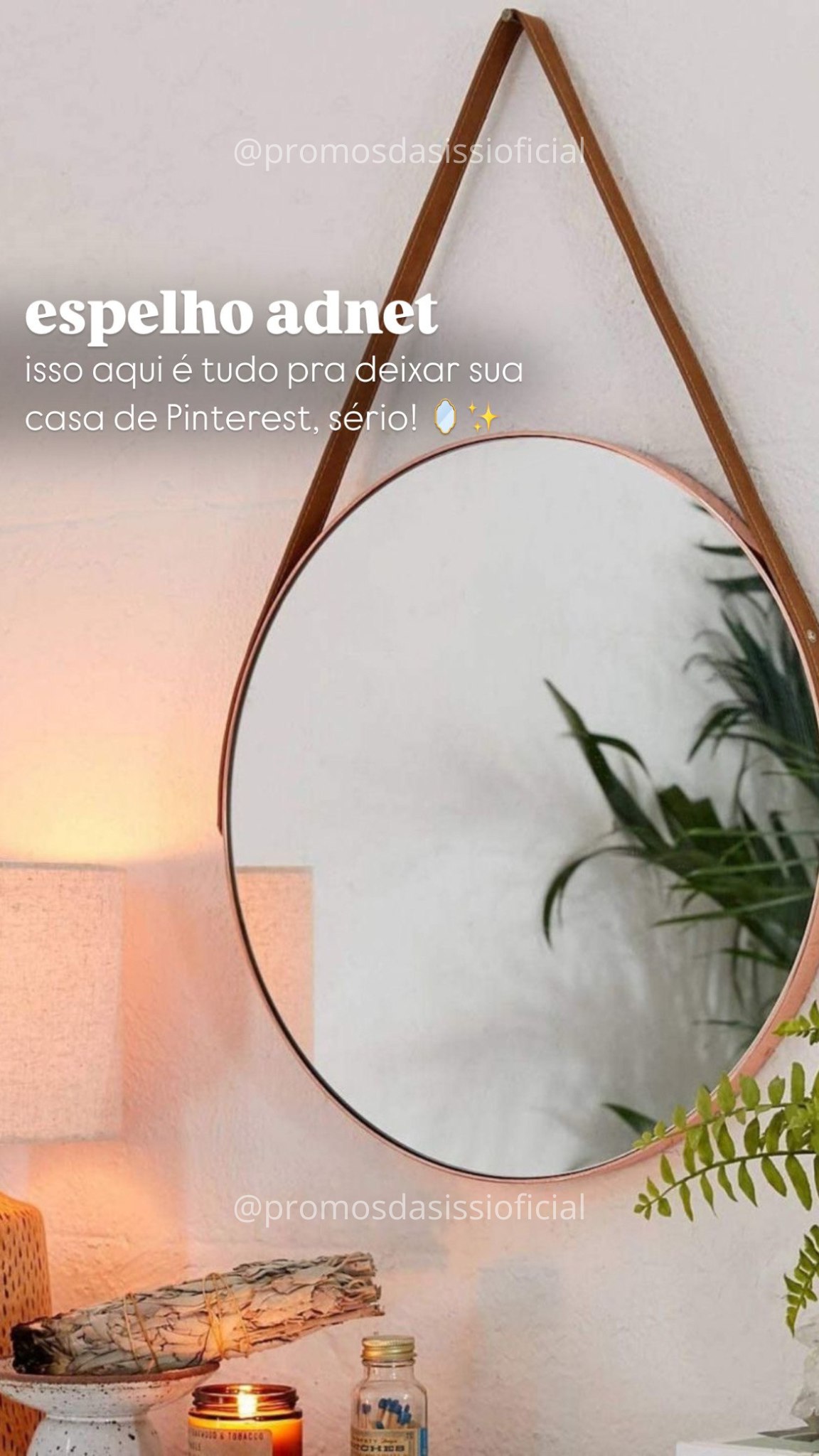 Espelho Redondo Grande Adnet Decorativo Quarto Sala Banheiro Lavabo 60cm C/ Suporte de Par...