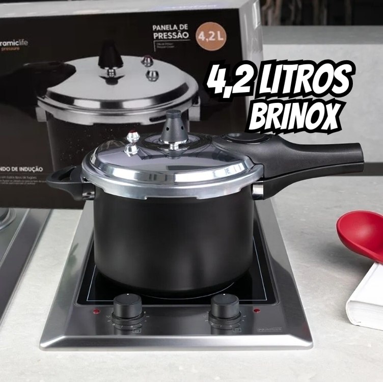 Panela de Pressão Brinox 4,2L Preta Fechamento Externo Ceramic Life Pressure