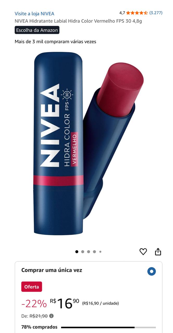 NIVEA Hidratante Labial Hidra Color Vermelho FPS 30 4,8g