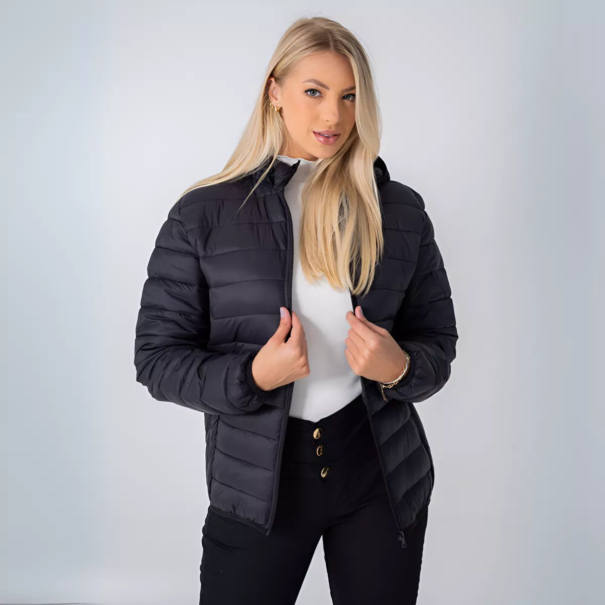 Jaqueta Feminina Puffer Bobojaco Capuz Com Nylon Impermeável