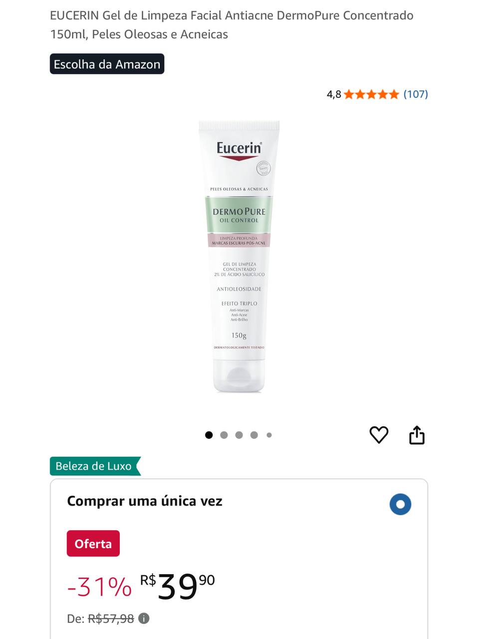 EUCERIN Gel de Limpeza Facial Antiacne DermoPure Concentrado 150ml, Peles Oleosas e Acneic...