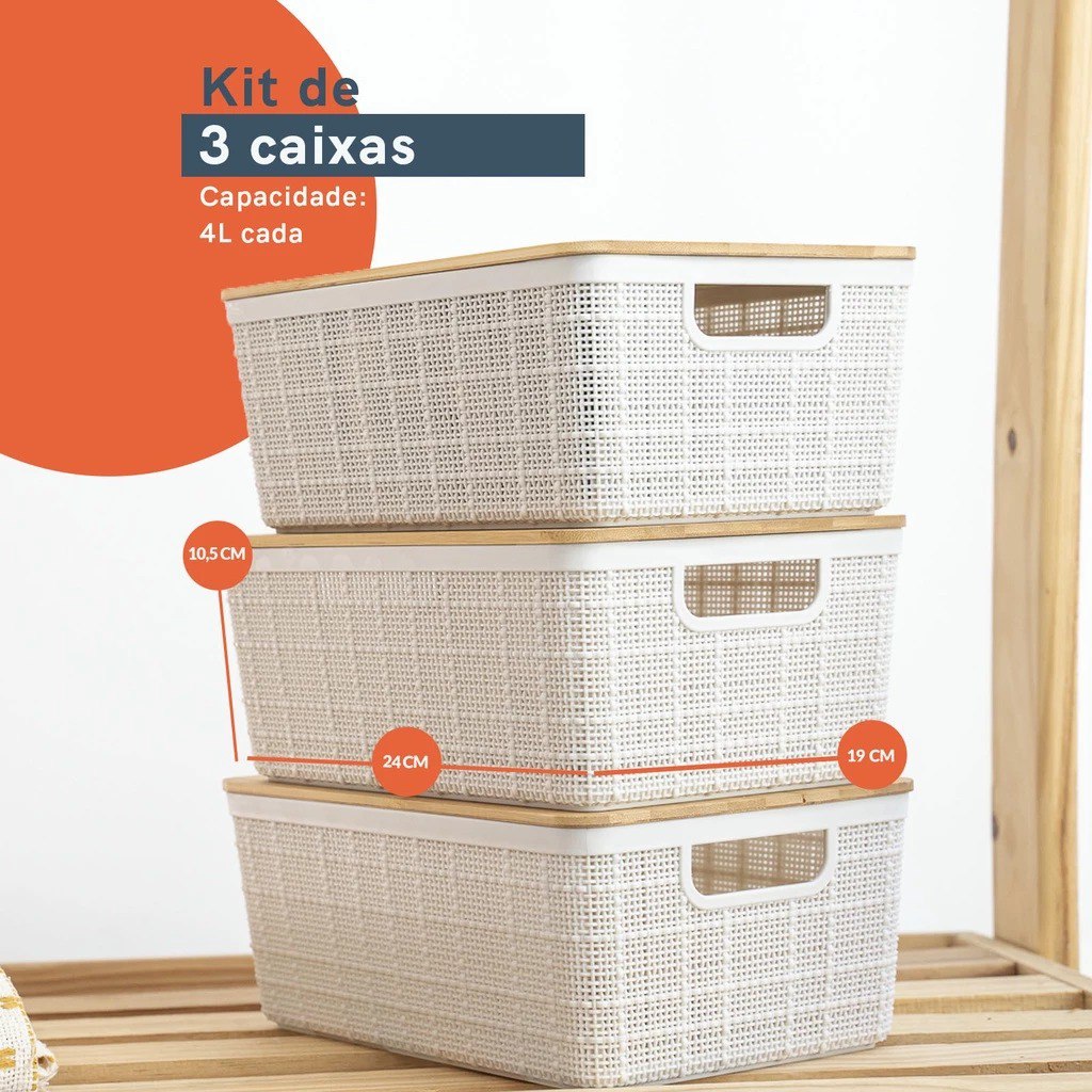 Kit 3 caixas organizadoras com tampa de bambu multiuso 4L brancas - Oikos
