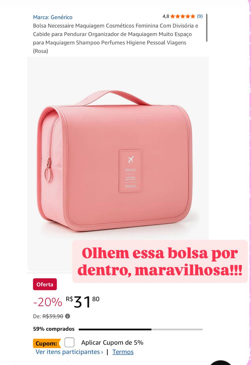 Bolsa Necessaire Maquiagem Cosméticos Feminina Com Divisória e Cabide para Pendurar Organi...