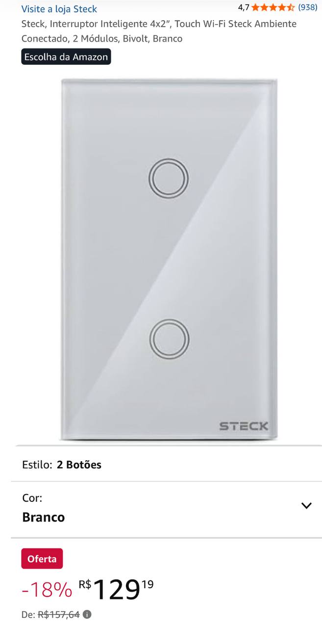 Steck, Interruptor Inteligente 4x2”, Touch Wi-Fi Steck Ambiente Conectado, 2 Módulos, Bivo...