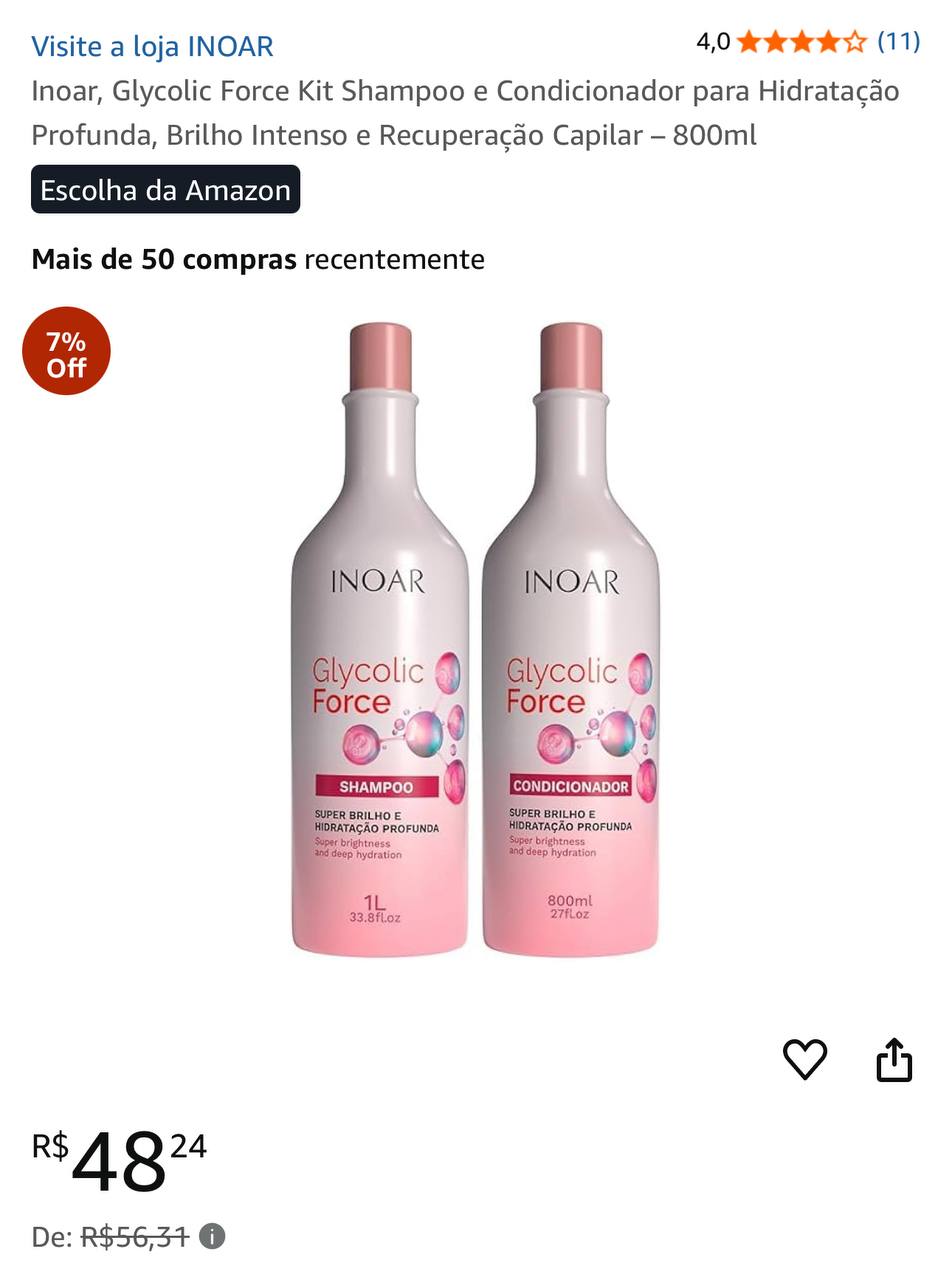 Inoar, Glycolic Force Kit Shampoo e Condicionador para Hidratação Profunda, Brilho Intenso...