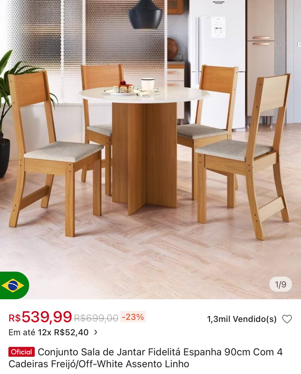 Conjunto Sala de Jantar Fidelitá Espanha 90cm Com 4 Cadeiras Freijó/Off-White Assento Linh...