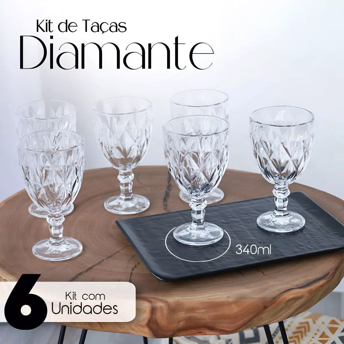 Jogo 6 Taças Diamante Vidro 340ml Copo Diamond Moderno Luxo