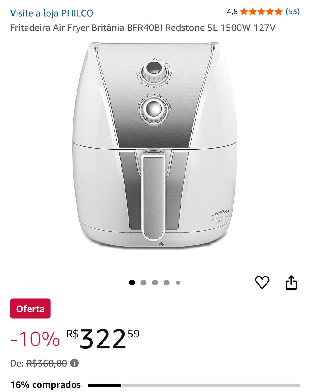 Fritadeira Air Fryer Britânia BFR40BI Redstone 5L 1500W 127V