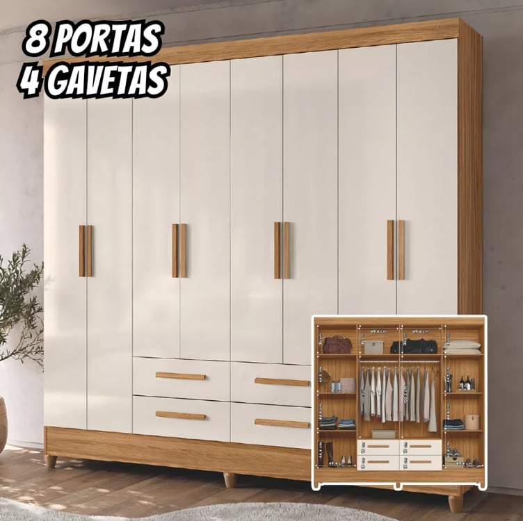 Guarda Roupas Casal 8 Portas 4 Gavetas Freijó/off flórida Cor Freijo Off