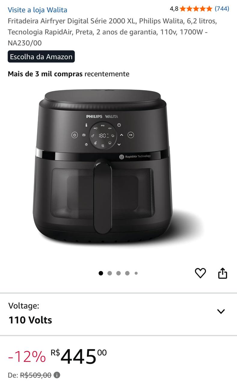Fritadeira Airfryer Digital Série 2000 XL, Philips Walita, 6,2 litros, Tecnologia RapidAir...
