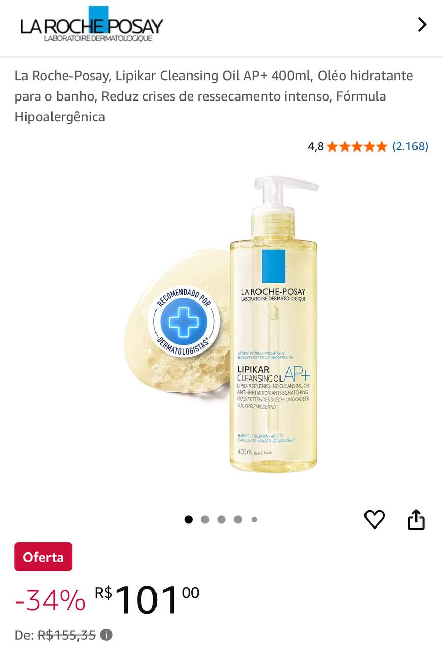 La Roche-Posay, Lipikar Cleansing Oil AP+ 400ml, Oléo hidratante para o banho, Reduz crise...
