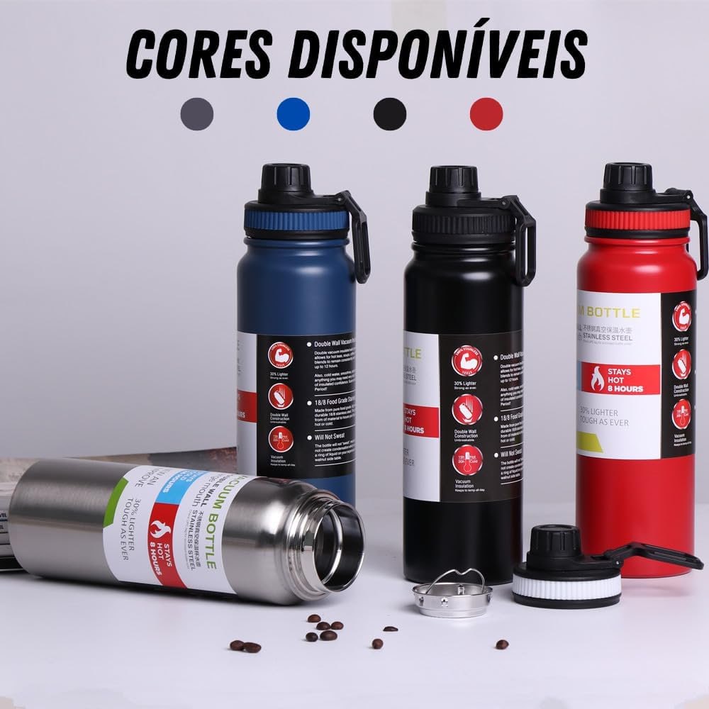 Garrafa de Água Térmica Inox 800ml Esportiva com Alça Parede Dupla Isolada a Vácuo Antivaz...