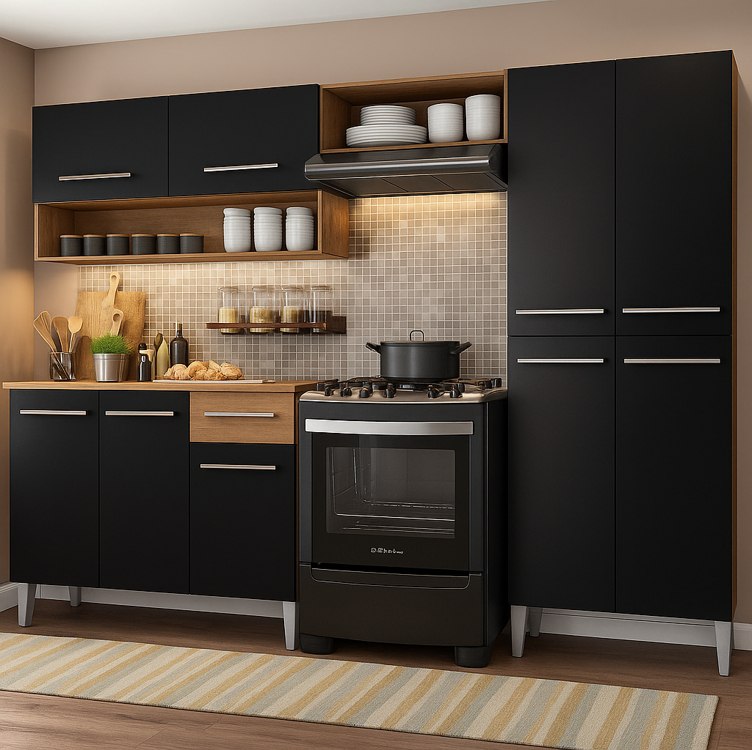 Armário De Cozinha Modulada Completa Compacta Emilly Pop Com Armário E Balcão Cor Rustic/p...