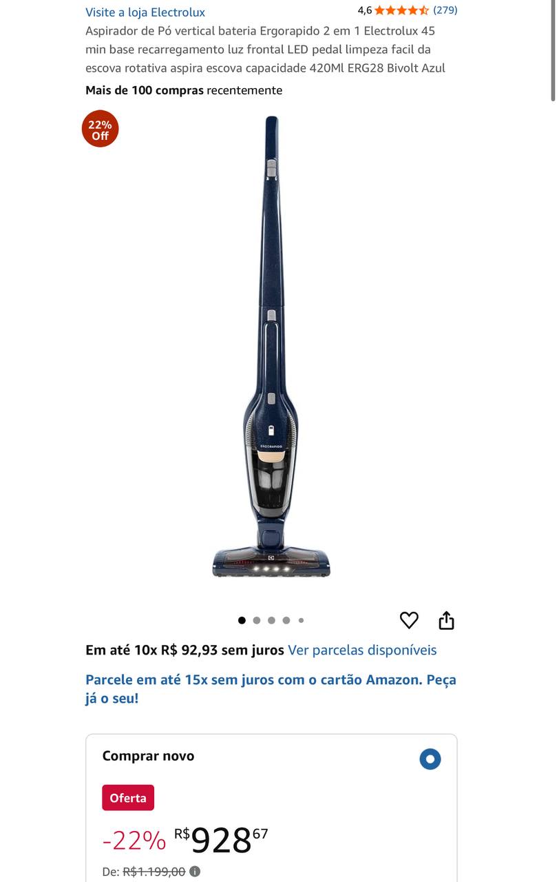 Aspirador de Pó vertical bateria Ergorapido 2 em 1 Electrolux 45 min base recarregamento l...