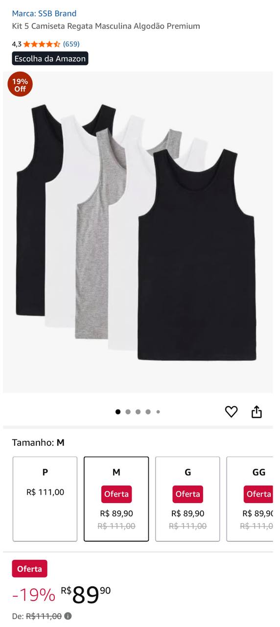 Kit 5 Camiseta Regata Masculina Algodão Premium, Tamanho M