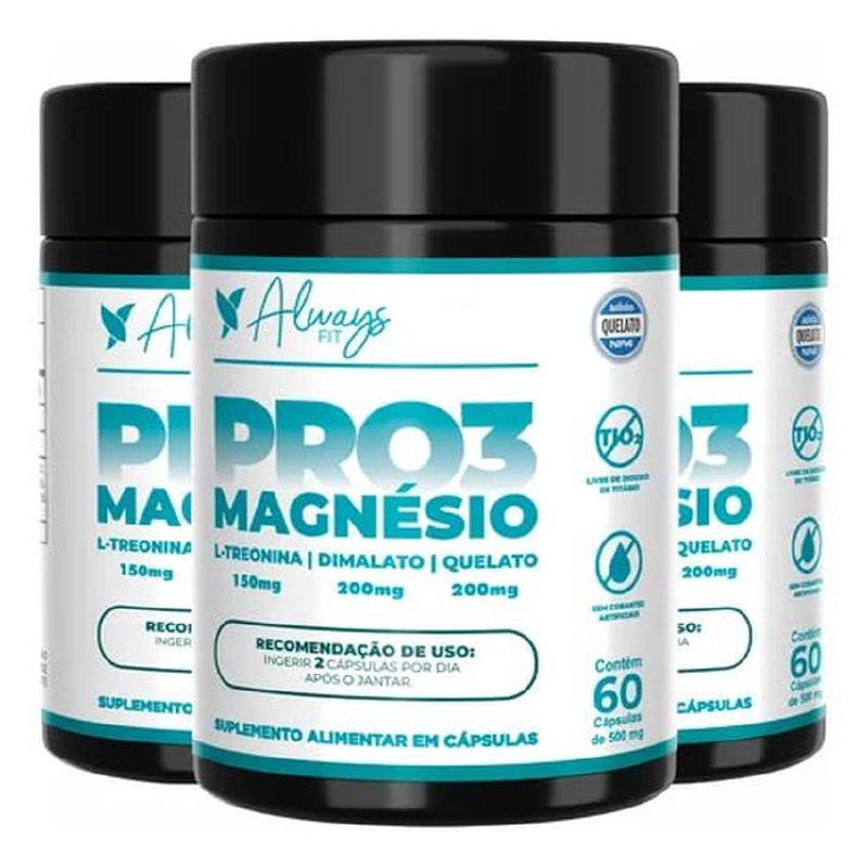 Kit 3 X 60 Cápsulas Suplemento Always Fit Pro3 Magnesio Quelato E Dimalato Sem Sabor De 43...