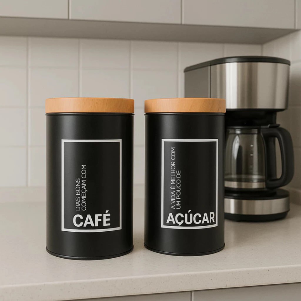Kit 2 Latas Hérmetico Pote Café e Açúcar Porta Organidor de Cozinha Mantimentos Multiuso M...