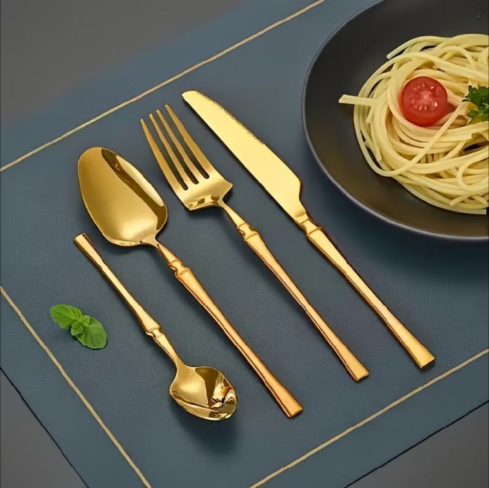 Belifou Kit 24 Jogo De Talheres Aço Inoxidável 416 Cintura Fina Dourado