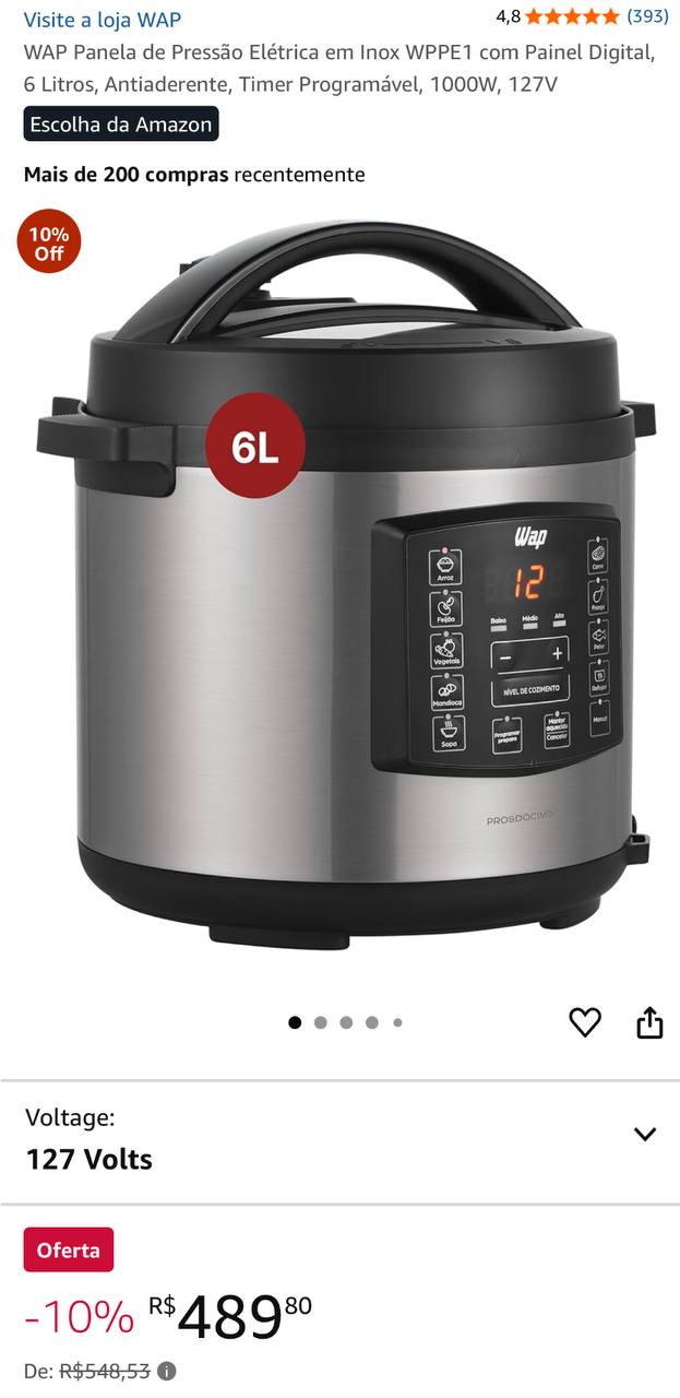 WAP Panela de Pressão Elétrica em Inox WPPE1 com Painel Digital, 6 Litros, Antiaderente, T...