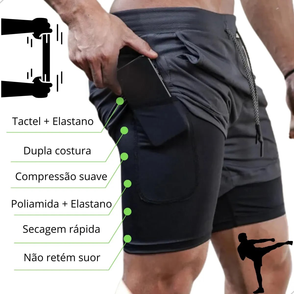 Short Duplo 2 Em 1 Para Corrida Bolso Interno Proteção Uv20+