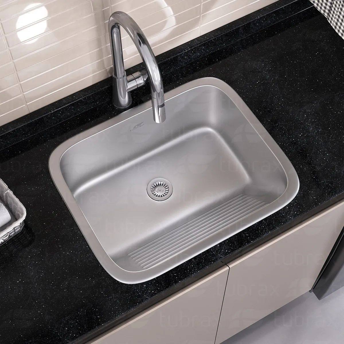 Tanque De Lavanderia Em Aço Inox 201 Acabamento Acetinado Tubrax Cal0002 Cor Prateado