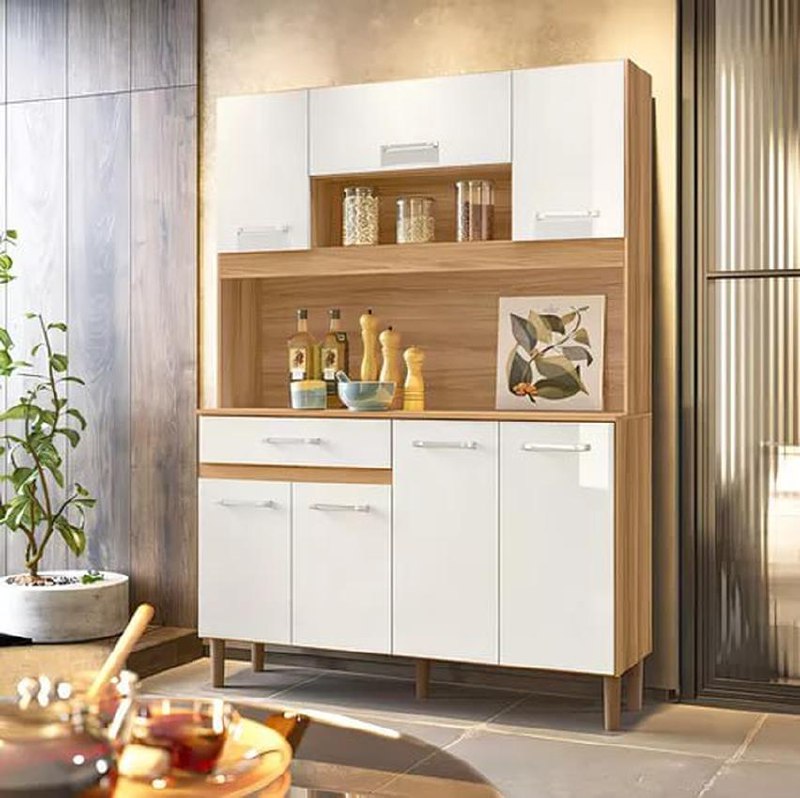 Armário Cozinha Magazin 120 7 Portas 1 Gaveta Nicioli Cor Freijó/off White Cristal