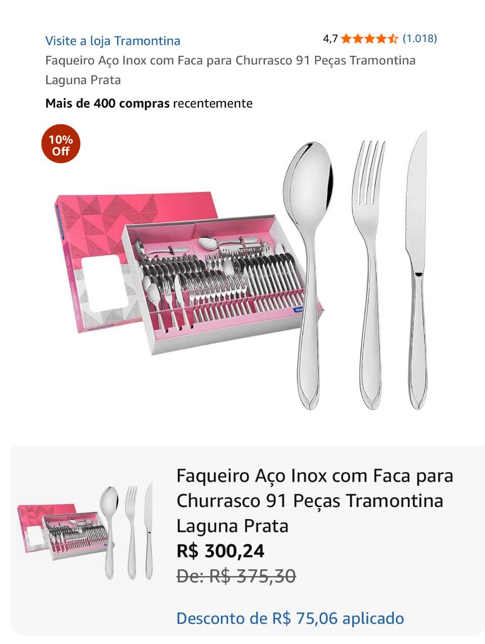 Faqueiro Aço Inox com Faca para Churrasco 91 Peças Tramontina Laguna Prata