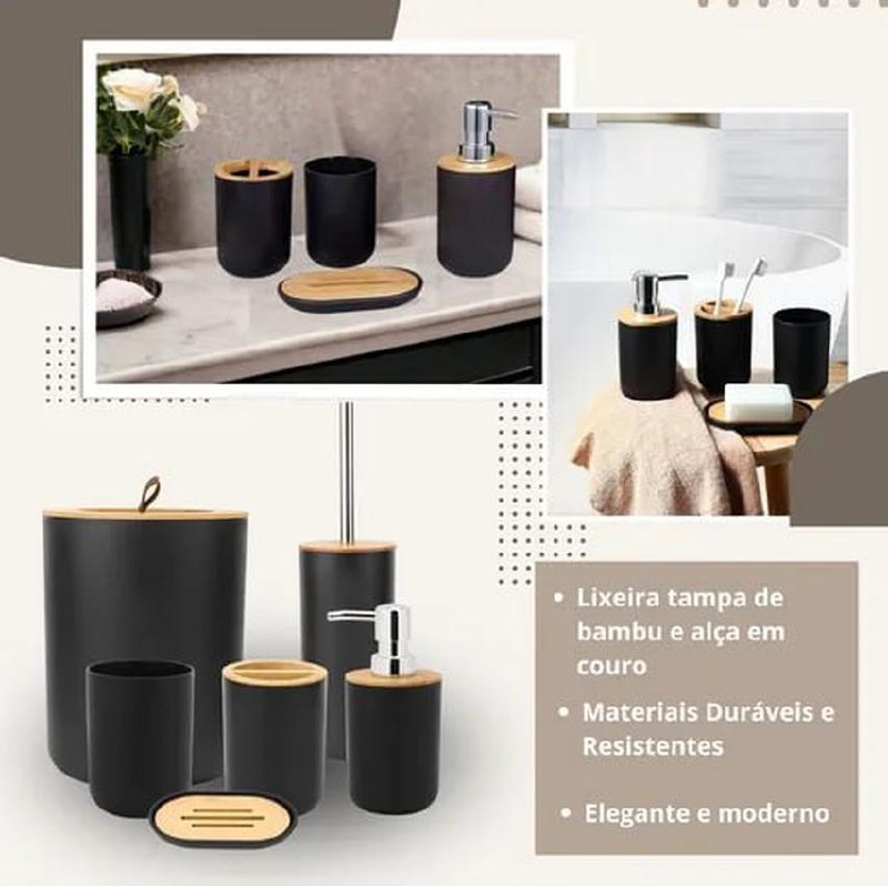 Kit Acessórios Banheiro Lavabo Preto Luxo Bambu Completo