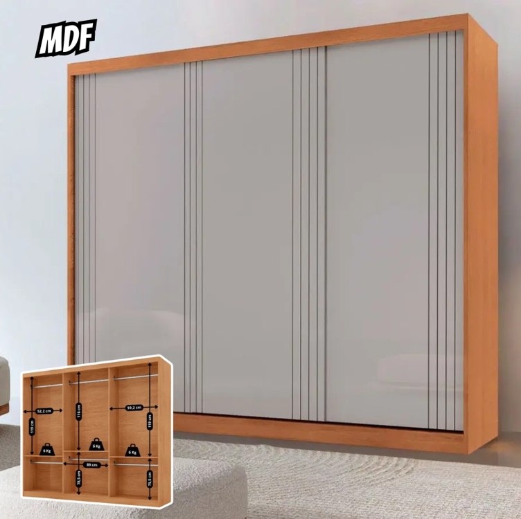 Guarda Roupa Casal Connor 100 MDF 3 Portas de Correr Moderna Mobília
