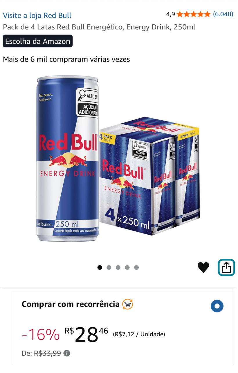 Pack de 4 Latas Red Bull Energético, Energy Drink, 250ml