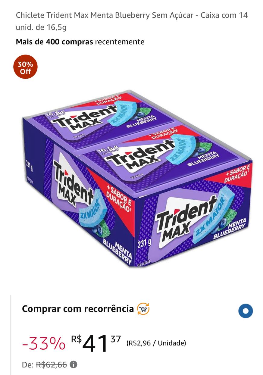 Chiclete Trident Max Menta Blueberry Sem Açúcar - Caixa com 14 unid. de 16,5g